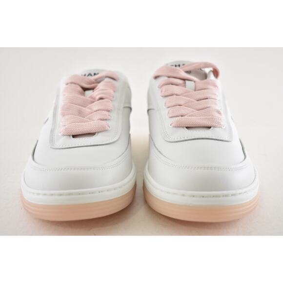 Chanel 24P White Pink Leather CC Logo Flat Lace Up Runner Trainer Sneaker 38.5 - Picture 8 of 15